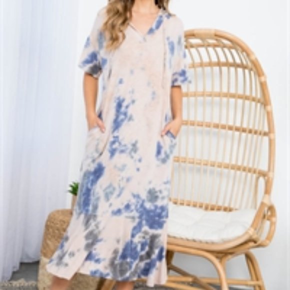🎉Cherish Cream/Blue Boho Tie Dye Frill Hem Lace V-Neck Hoodie Pockets Midi Dress - Picture 1 of 8